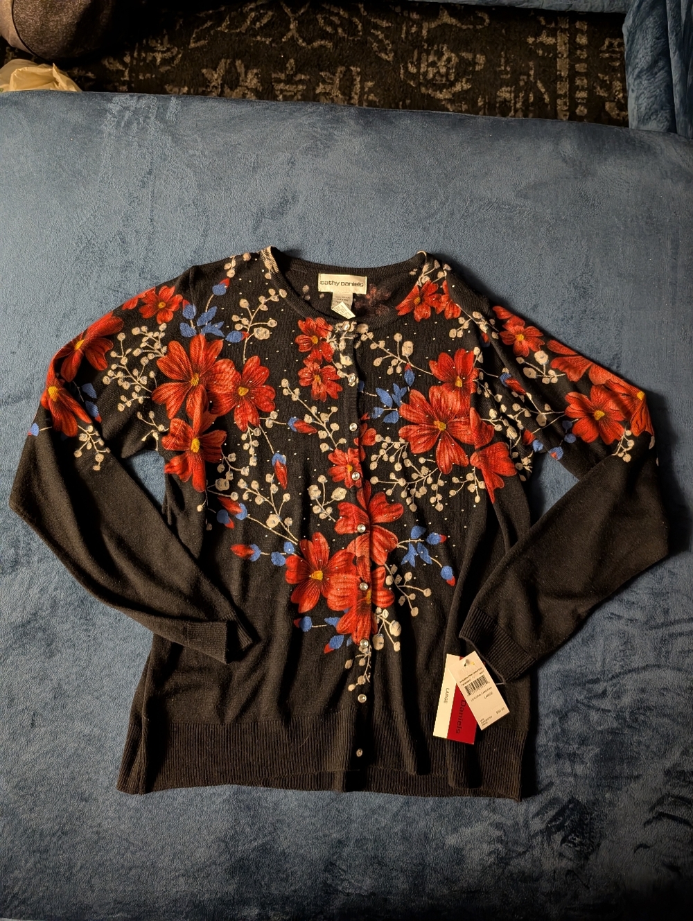 NWT Cathy Daniels 3/4 length sleeve floral cardigan with rhinestones